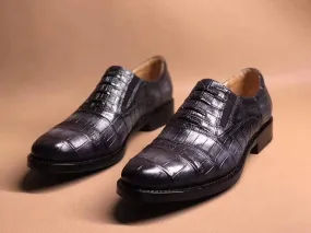 Versatile Fit Soft Sole Shoes Crocodile Shoes Dark Grey Crocodile Leather Lace Up Shoes