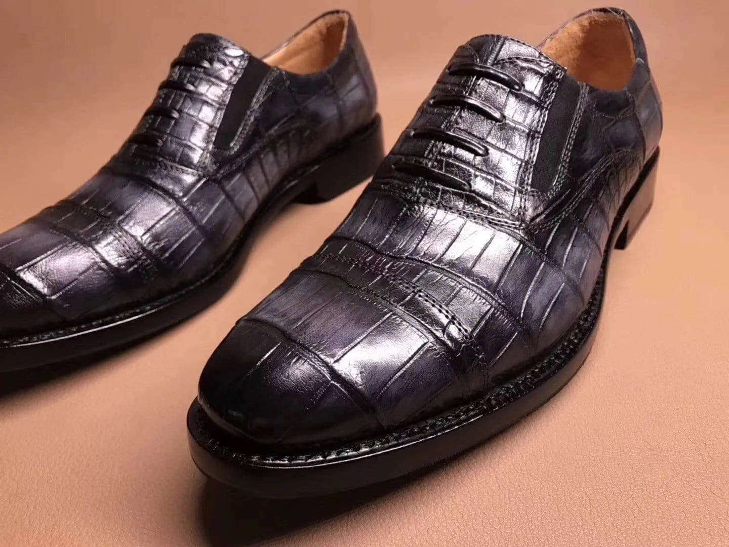 Crocodile Shoes Dark Grey Crocodile Leather Lace Up Shoes Comfy Cushion Perfect Cushion