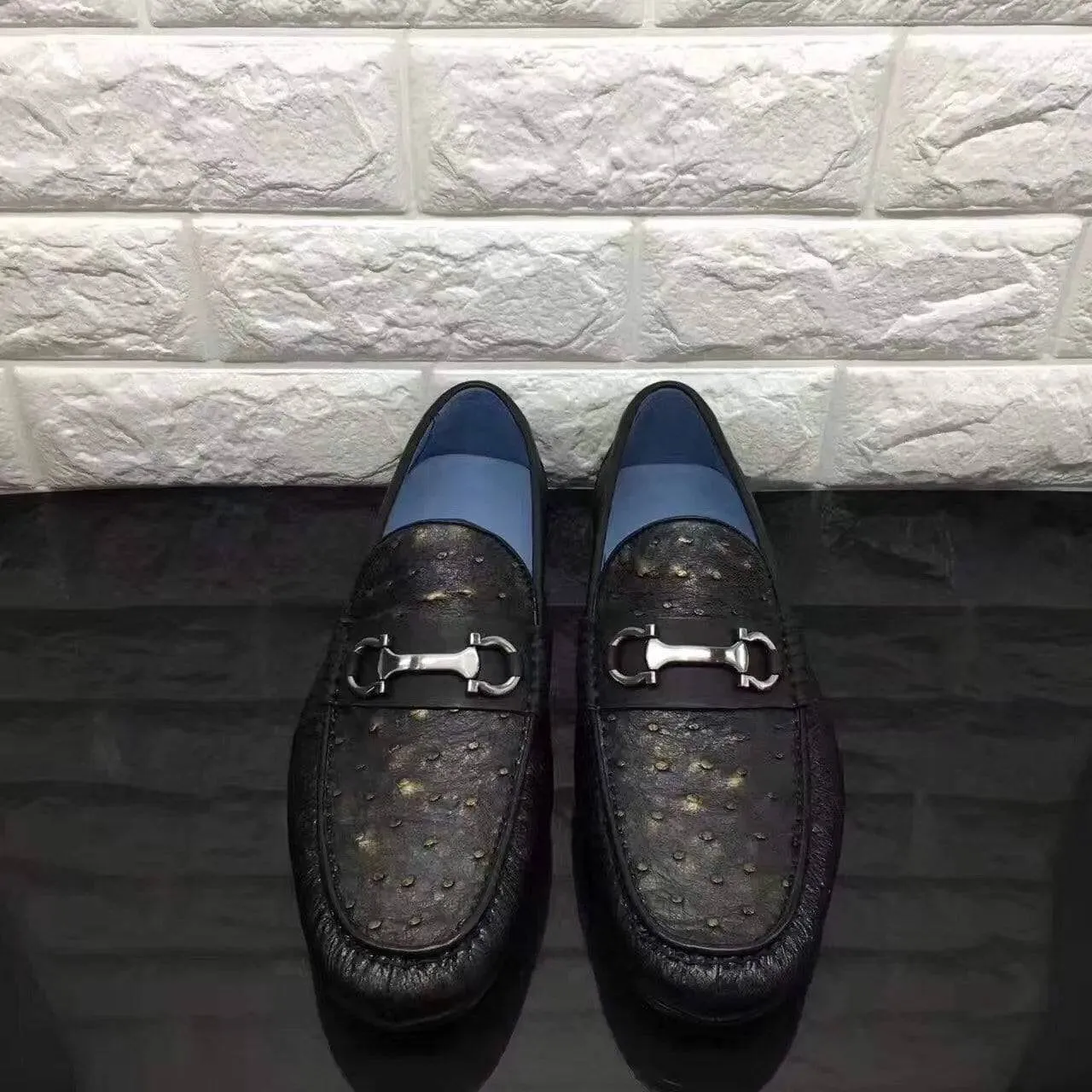 Dance Glow Knitted Soft Crocodile Shoes Exotic Ostrich Skin Leather Slip-On~ Loafer Shoes for Men