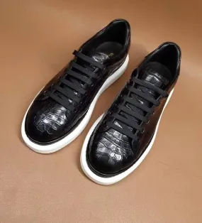 Urban Soft Casual Style Crocodile Shoes Fashion Men's Sidework Casual Low-top Slip On Sneakers  In Black Crocodile Leather
