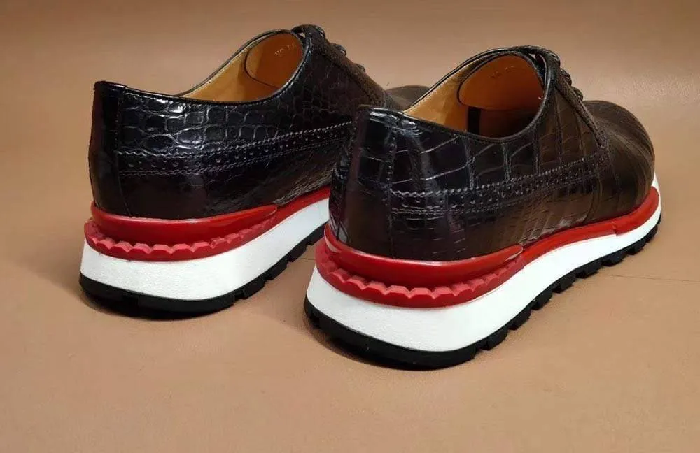 Shore Walk Boho Soul Crocodile Shoes Fashion Men's Sidework Low-Top Casual Sneakers  In Black Crocodile Leather
