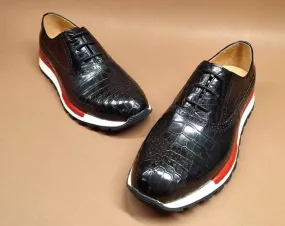 Easy Wear Crocodile Shoes Fashion Men's Sidework Low-Top Casual Sneakers  In Black Crocodile Leather