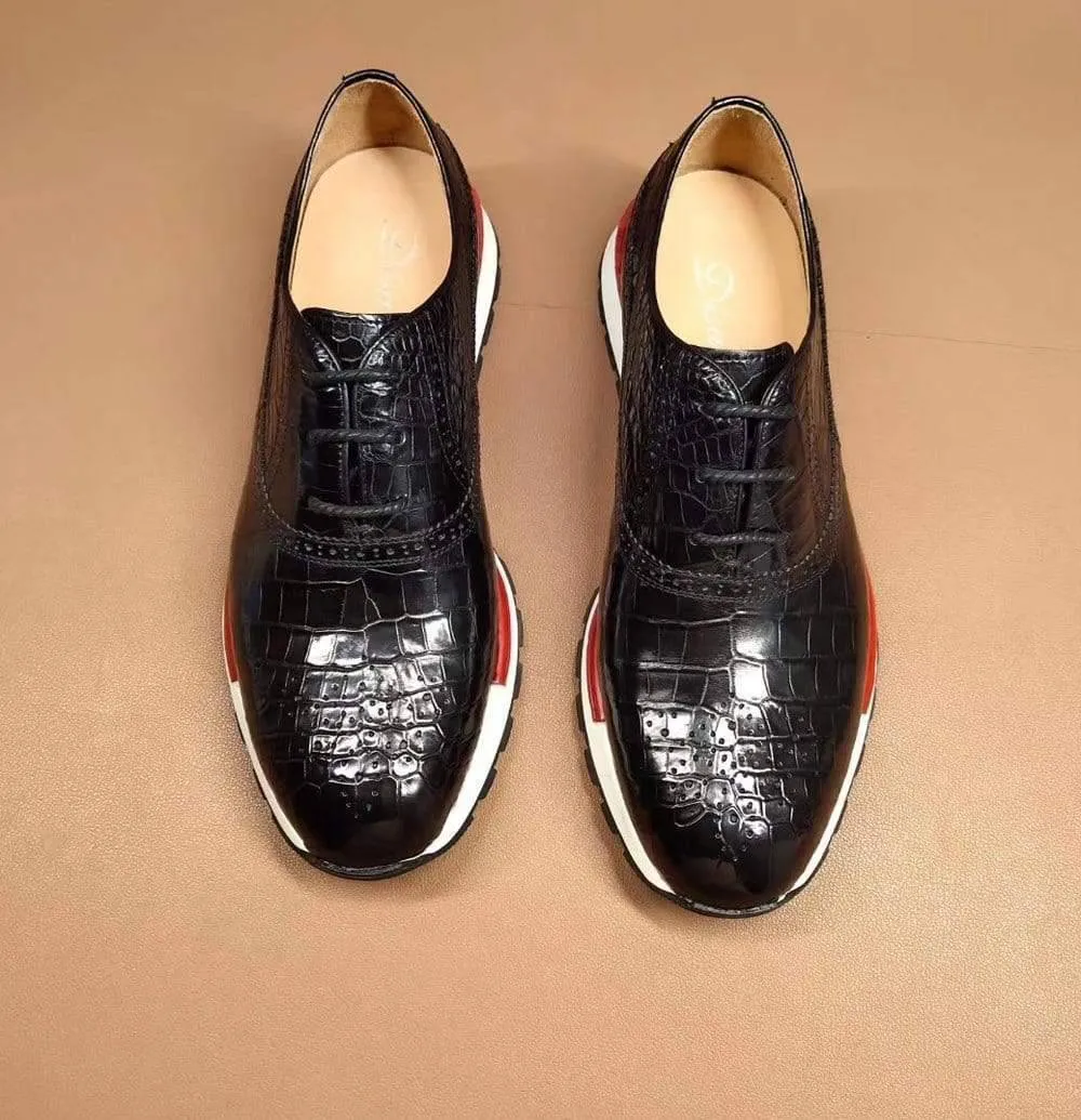 Crocodile Shoes Fashion Men's Sidework Low-Top Casual Sneakers  In Black Crocodile Leather Pose Time Harbor Day