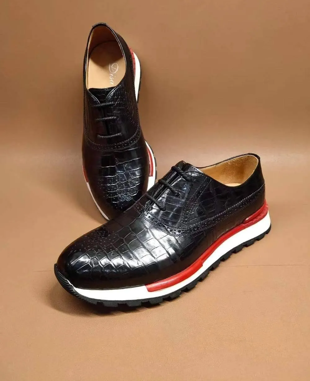 Crocodile Shoes Fashion Men's Sidework Low-Top Casual Sneakers  In Black Crocodile Leather Look Mood Top View