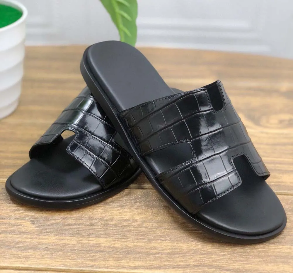 Preppy Tone Kind Day Crocodile Shoes Genuine Crocodile Belly Leather Mens Slipper