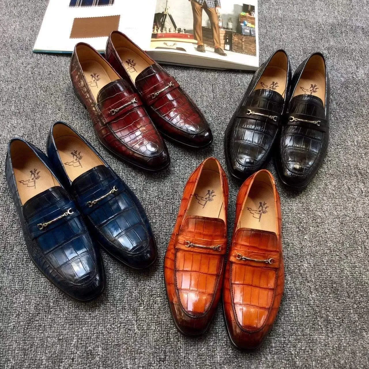 Crocodile Shoes Genuine Crocodile Belly Leather Shoes  Mens Lofers  Slip On Driving Shoes Casual Flats With Brogue Detail (Tuscania) Elegant Look Durable Support