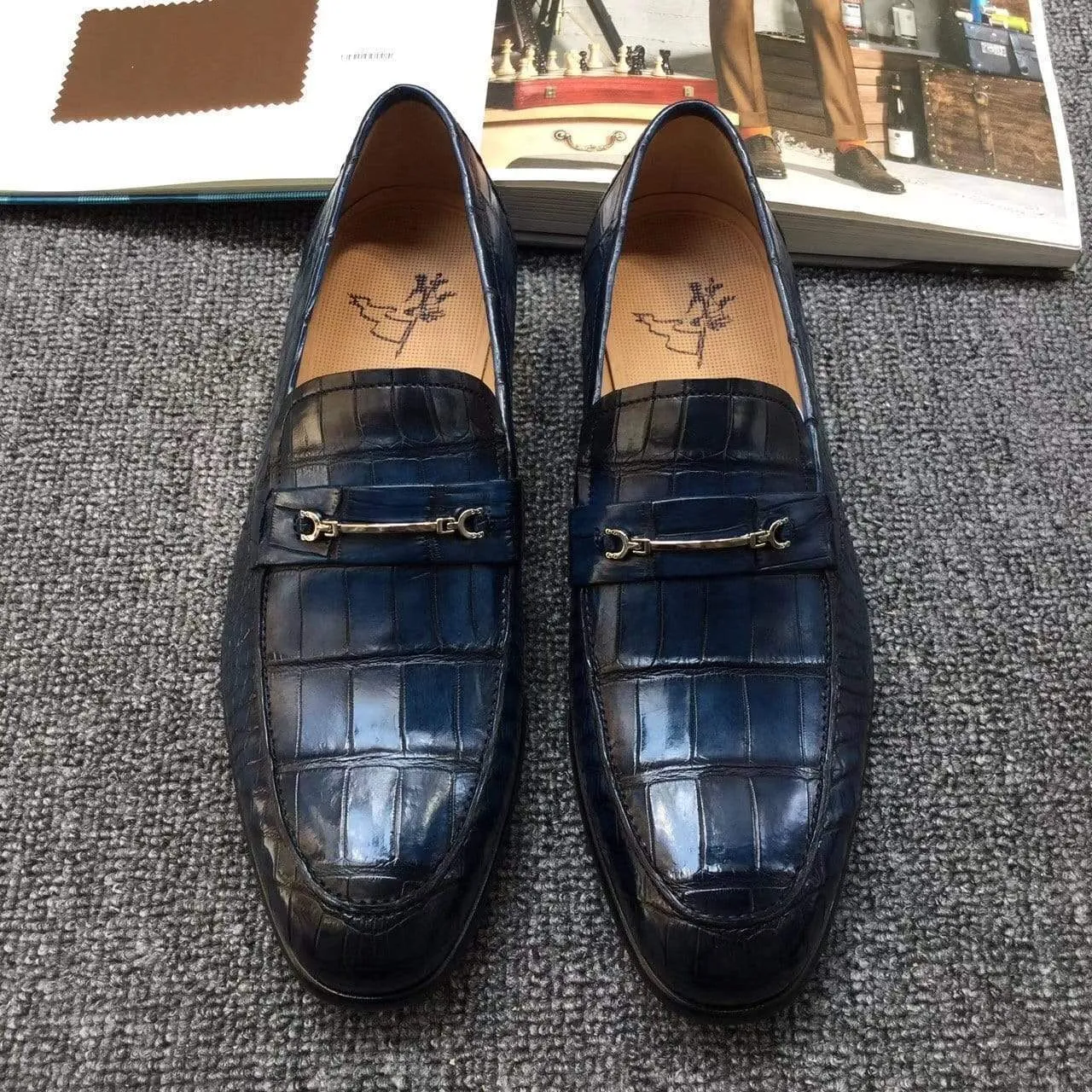 anti static Crocodile Shoes Genuine Crocodile Belly Leather Shoes  Mens Lofers  Slip On Driving Shoes Casual Flats With Brogue Detail (Tuscania)