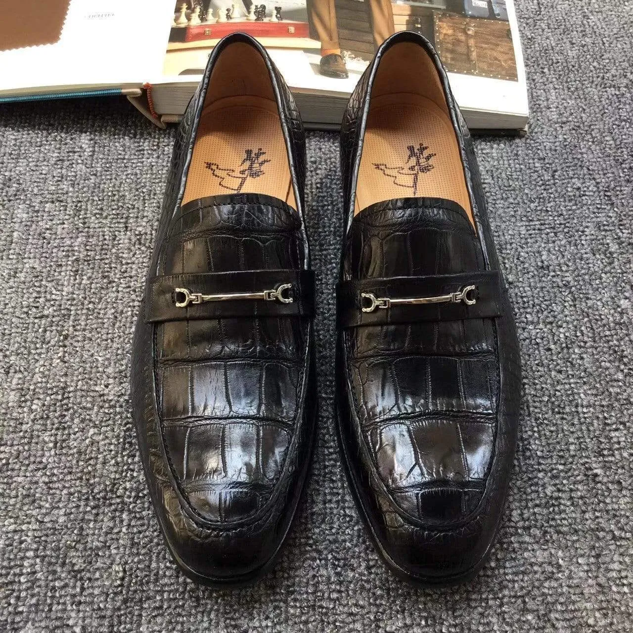 Crocodile Shoes Genuine Crocodile Belly Leather Shoes  Mens Lofers  Slip On Driving Shoes Casual Flats With Brogue Detail (Tuscania) Coral Path