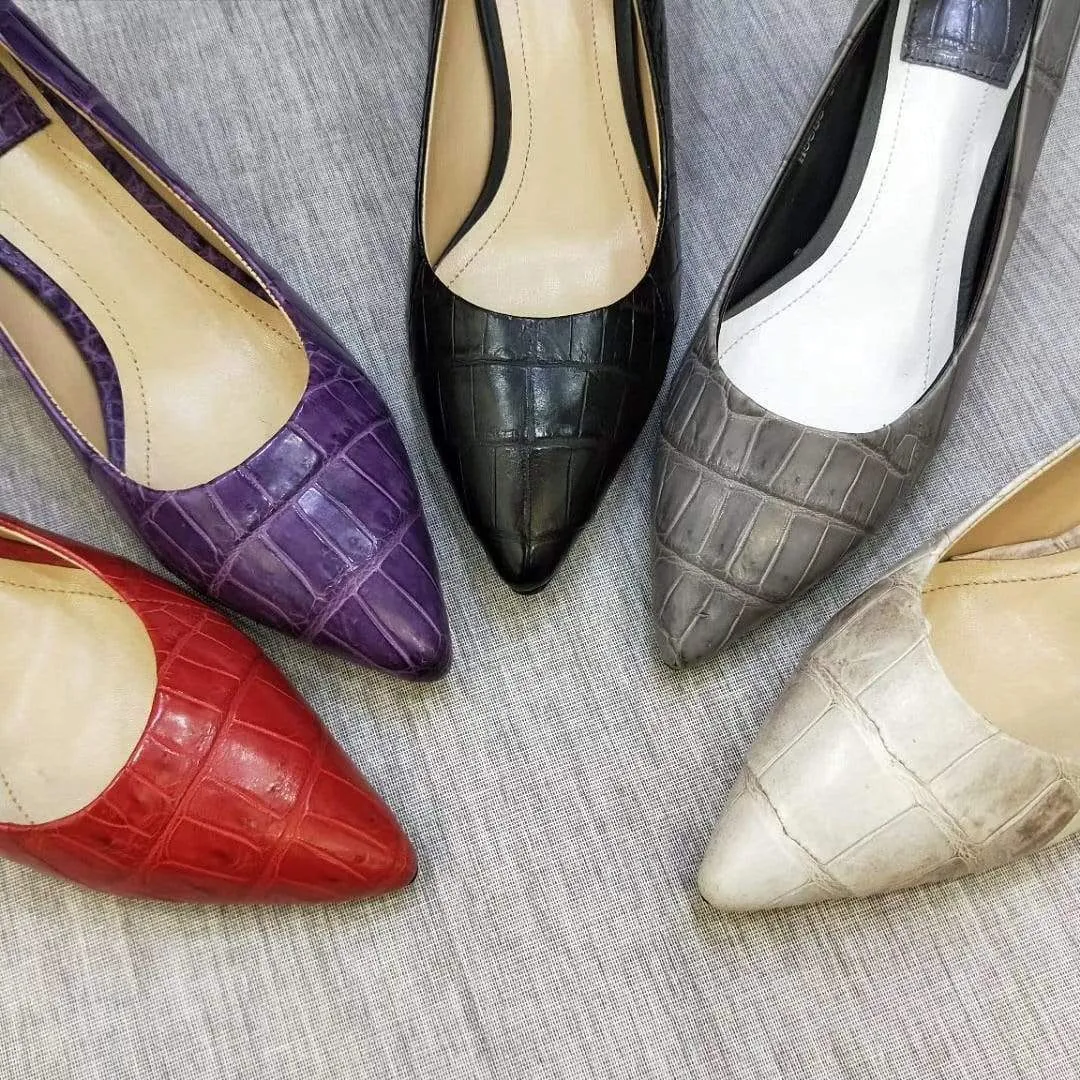 Bridge View Crocodile Shoes Genuine Crocodile  Belly Leather Shoes  Womens Low  Heel Shoes