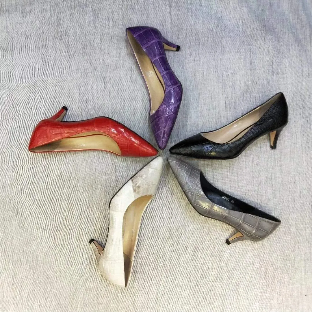 Crocodile Shoes Genuine Crocodile  Belly Leather Shoes  Womens Low  Heel Shoes elegant design