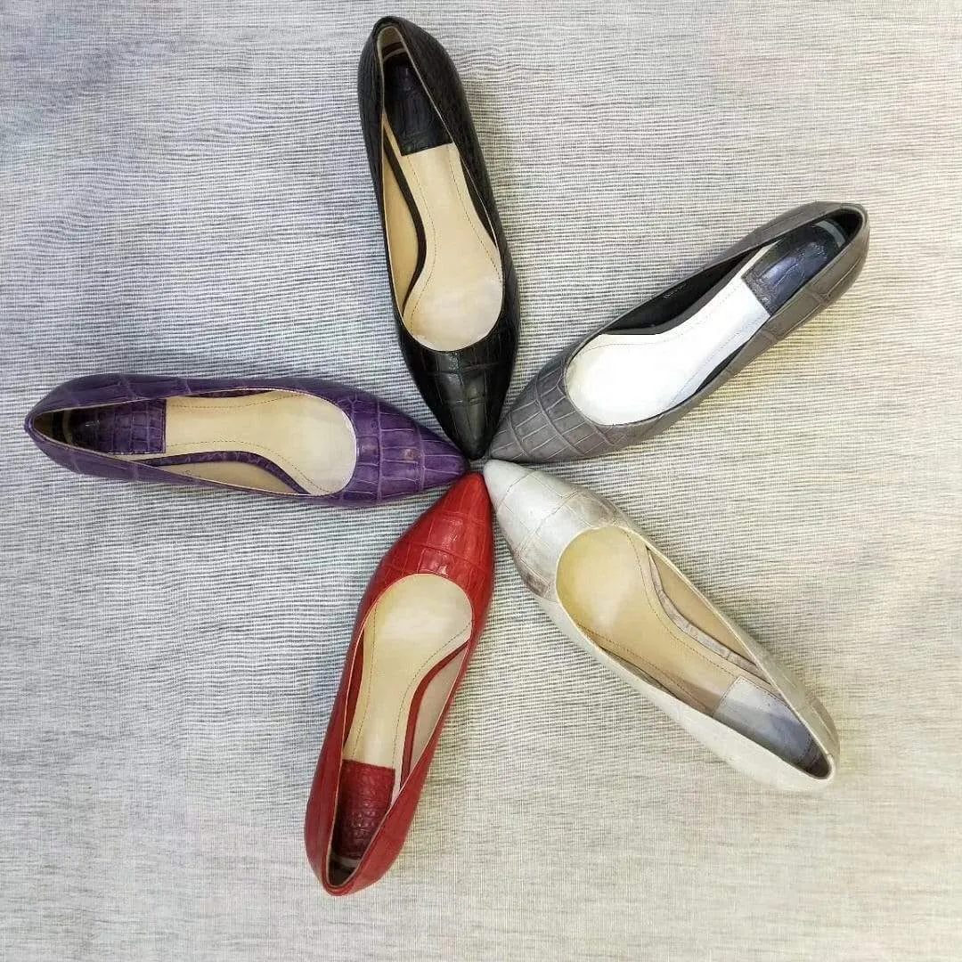 Sun Rise Runway Mood Crocodile Shoes Genuine Crocodile  Belly Leather Shoes  Womens Low  Heel Shoes