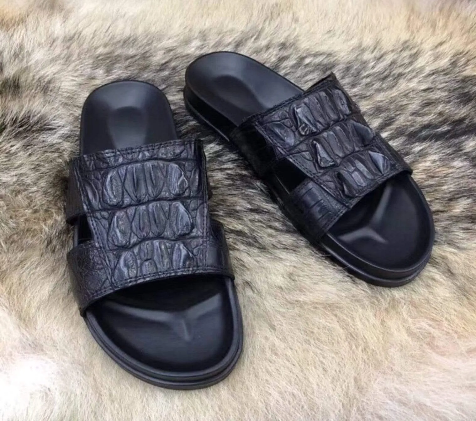 Classic Sole Crocodile Shoes Genuine  Crocodile Bone  Leather  Mens  Slipper