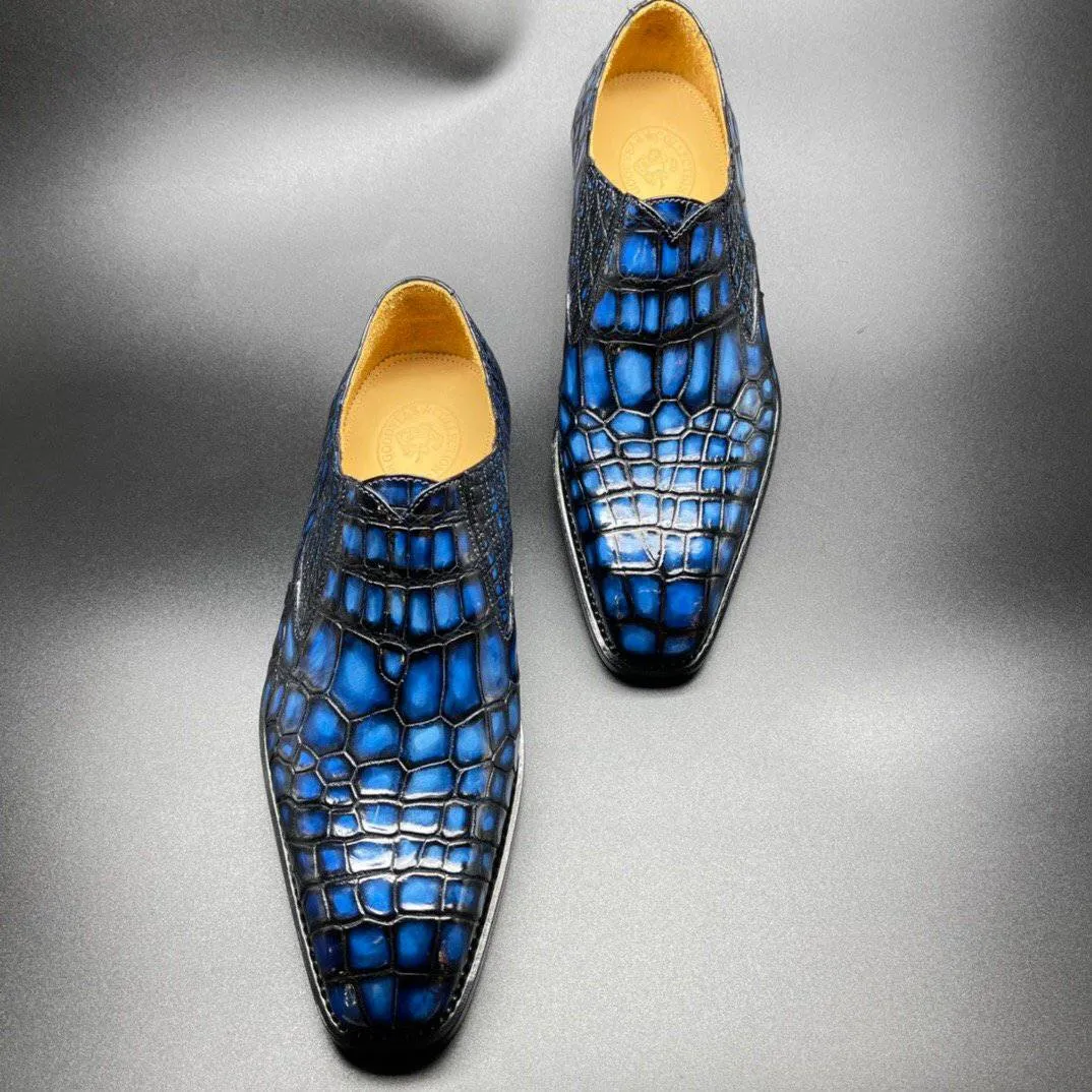 Coffee Run Crocodile Shoes Genuine Crocodile Leather Mens Penny Loafers Dress Shoes Hand Painted Vintage Blue