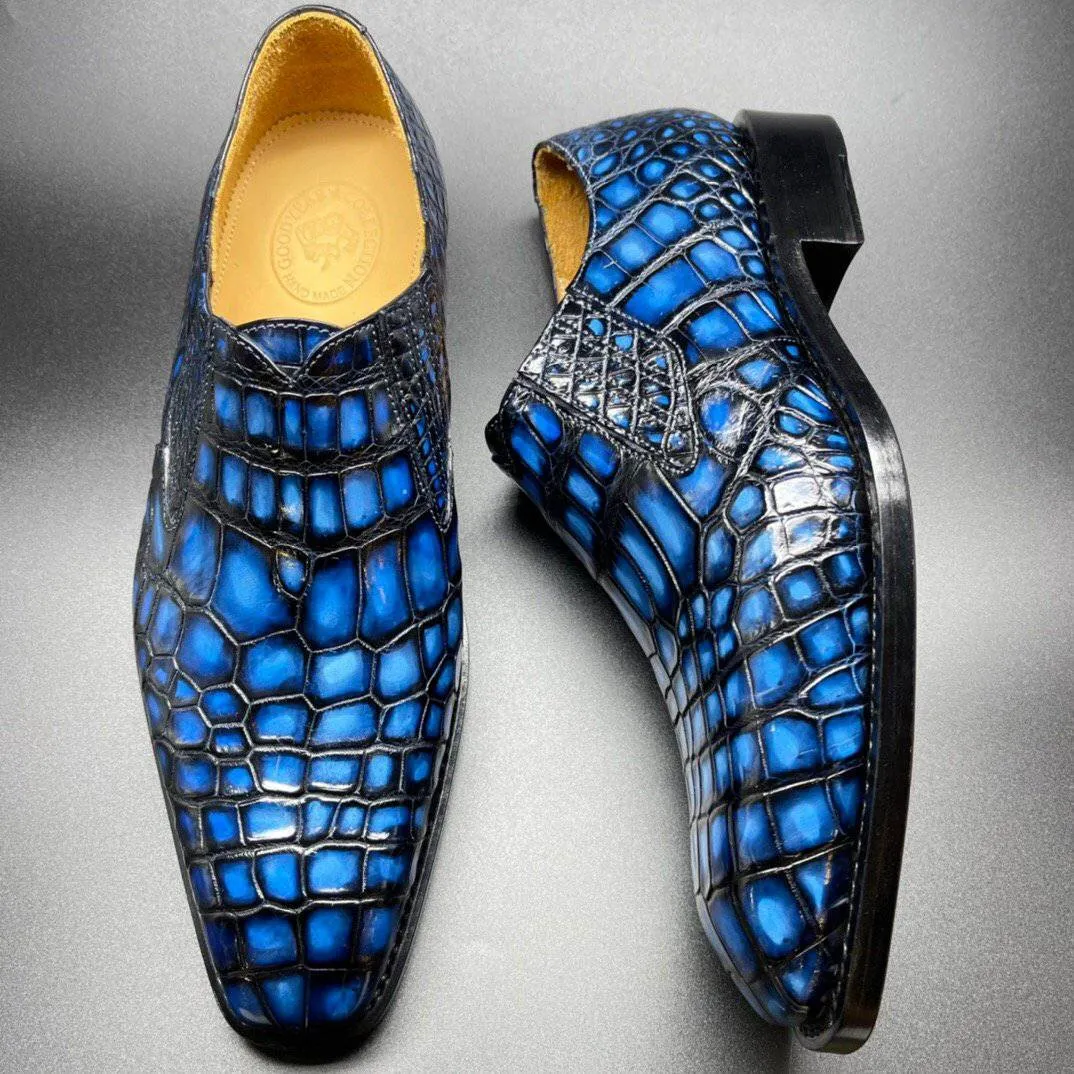 Street Joy Guest Mood Crocodile Shoes Genuine Crocodile Leather Mens Penny Loafers Dress Shoes Hand Painted Vintage Blue