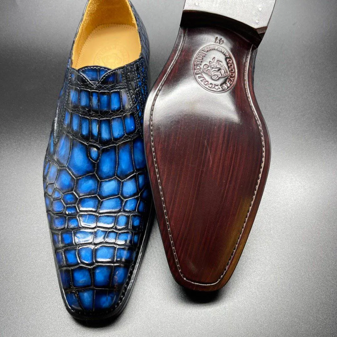 Crocodile Shoes Genuine Crocodile Leather Mens Penny Loafers Dress Shoes Hand Painted Vintage Blue Flower Path Light Step Footwear