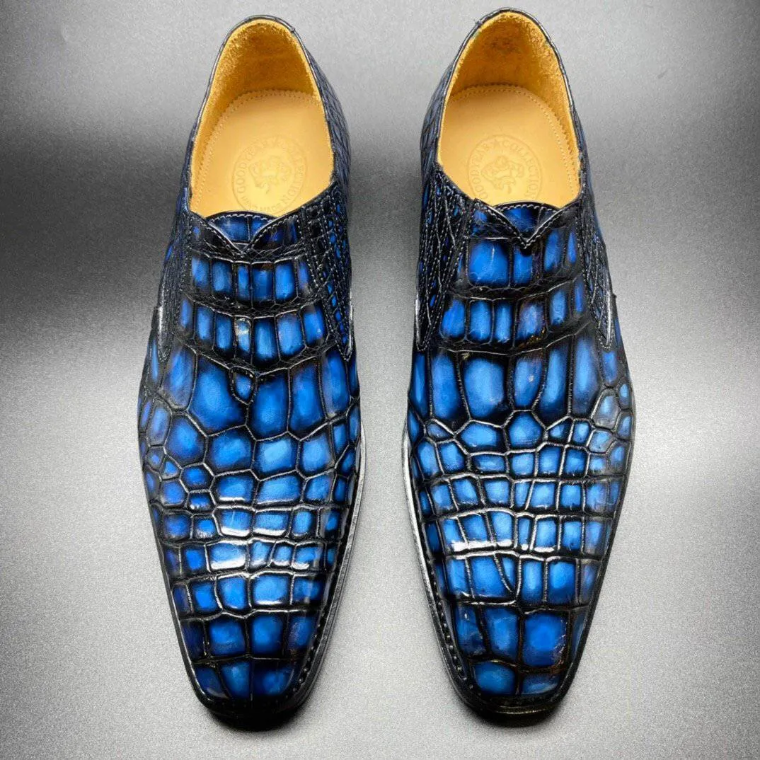 Crocodile Shoes Genuine Crocodile Leather Mens Penny Loafers Dress Shoes Hand Painted Vintage Blue Sleek Footwear