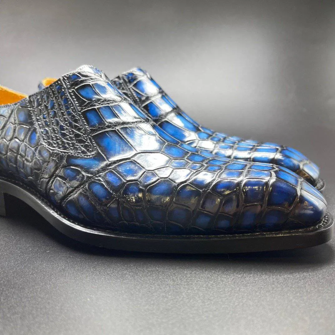 Trendy Appearance Crocodile Shoes Genuine Crocodile Leather Mens Penny Loafers Dress Shoes Hand Painted Vintage Blue