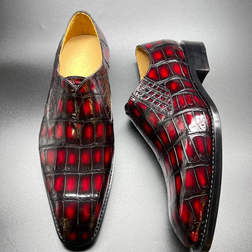Wild Path Crocodile Shoes Genuine Crocodile Leather Mens Penny Loafers Dress Shoes Hand Painted Vintage Wine Red