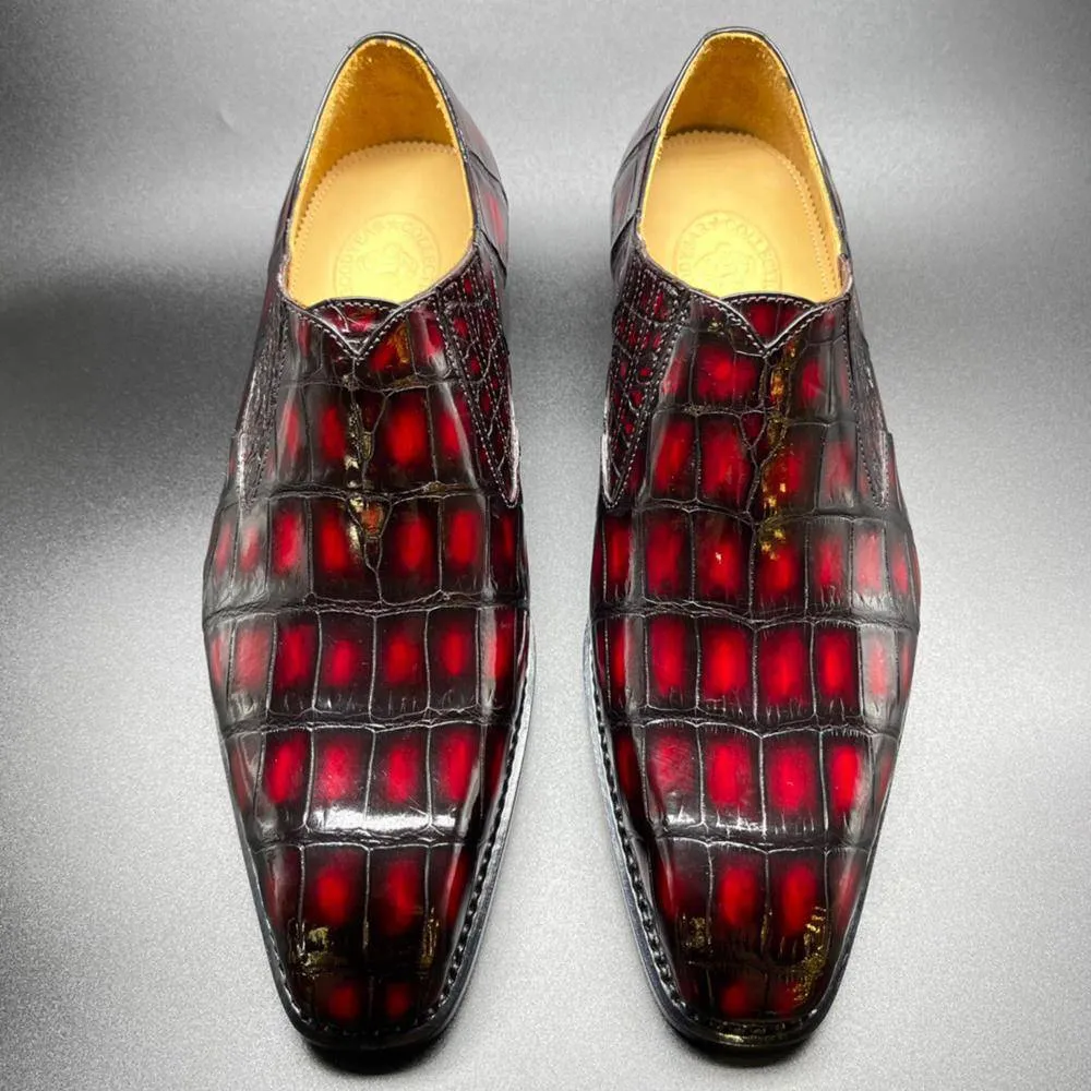 Versatile Shoes Crocodile Shoes Genuine Crocodile Leather Mens Penny Loafers Dress Shoes Hand Painted Vintage Wine Red