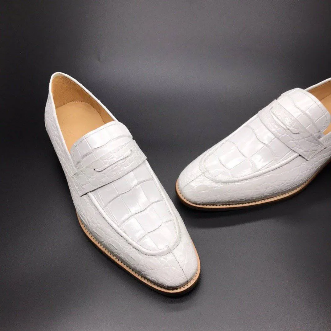 Long Wear Crocodile Shoes Genuine Crocodile Leather Mens Penny Loafers Dress Shoes White