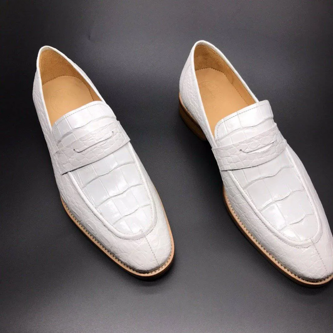 Crocodile Shoes Genuine Crocodile Leather Mens Penny Loafers Dress Shoes White upper