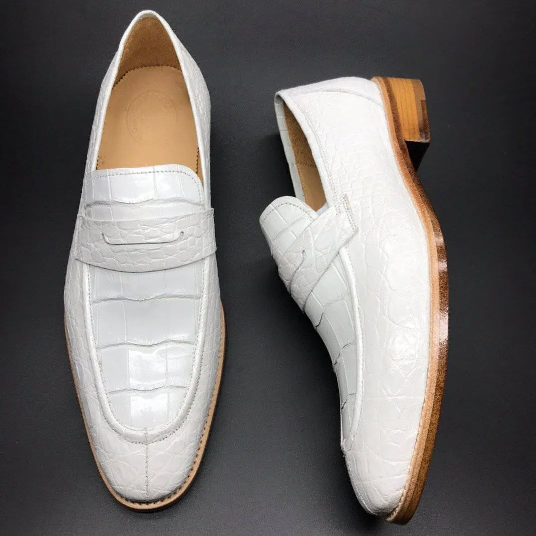 Press Day Morning Glow Crocodile Shoes Genuine Crocodile Leather Mens Penny Loafers Dress Shoes White