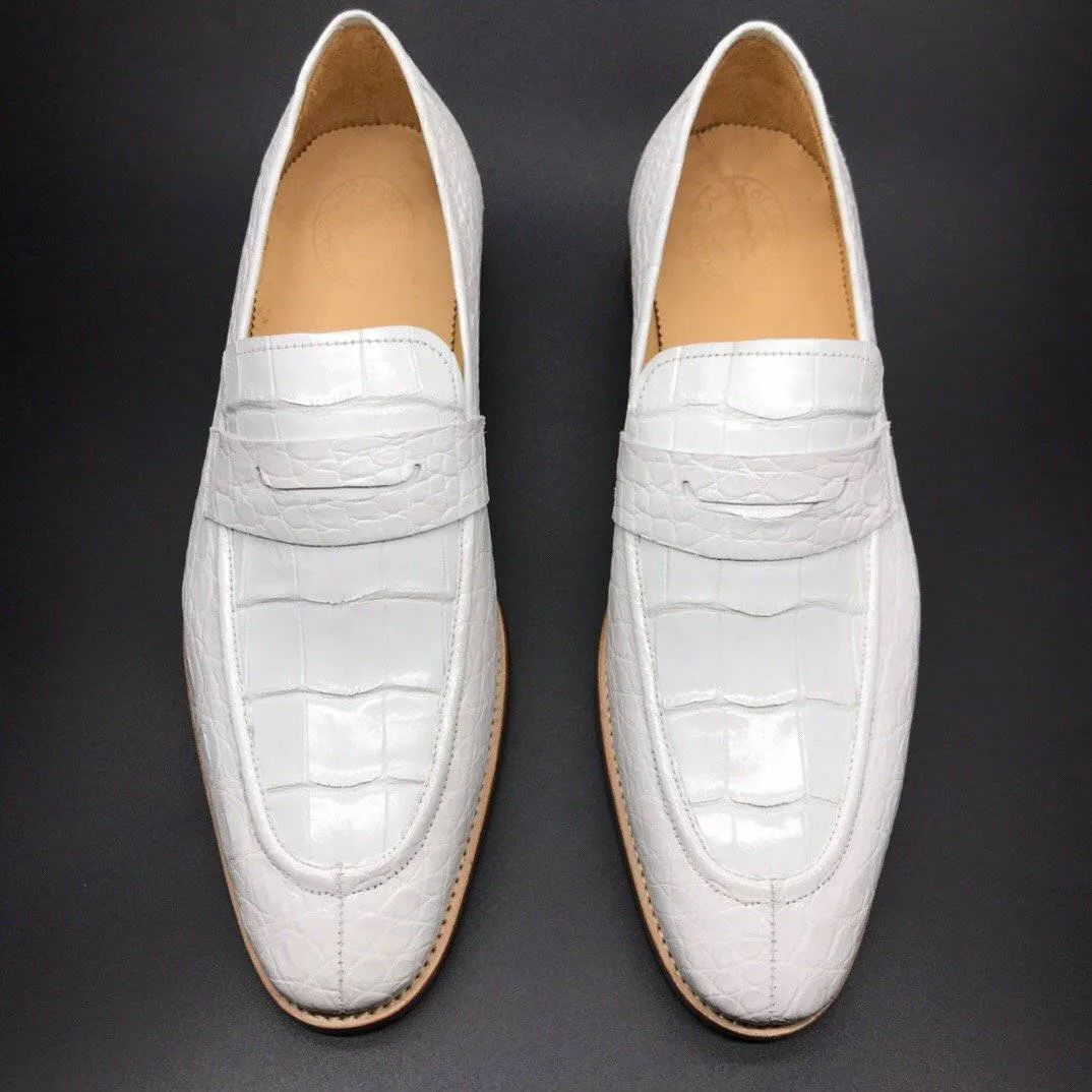 Perfect Support Beach Glow Crocodile Shoes Genuine Crocodile Leather Mens Penny Loafers Dress Shoes White