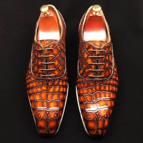 Crocodile Shoes Genuine Crocodile Leather Mens Wingtip Formal Lace up Wedding Office Shoes Stretch Fit Footwear