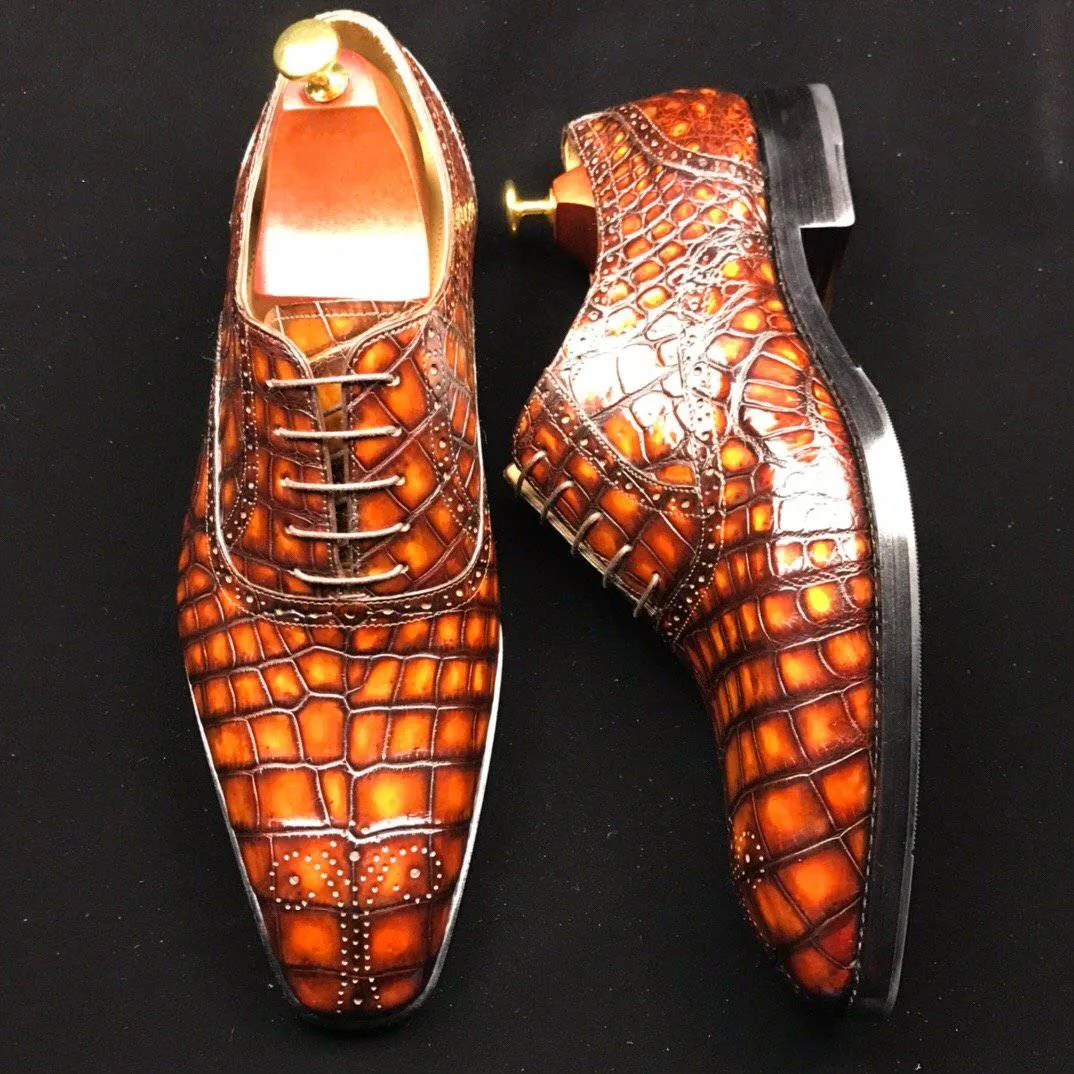 Odor Resistant Crocodile Shoes Genuine Crocodile Leather Mens Wingtip Formal Lace up Wedding Office Shoes