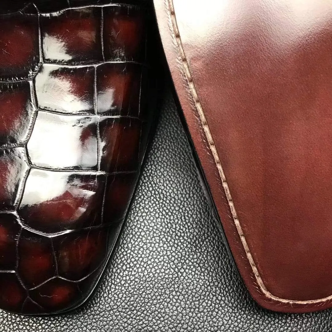 color block Peak Mood Crocodile Shoes Genuine Crocodile Leather Penny Casual Loafers  Slip-On Slippers