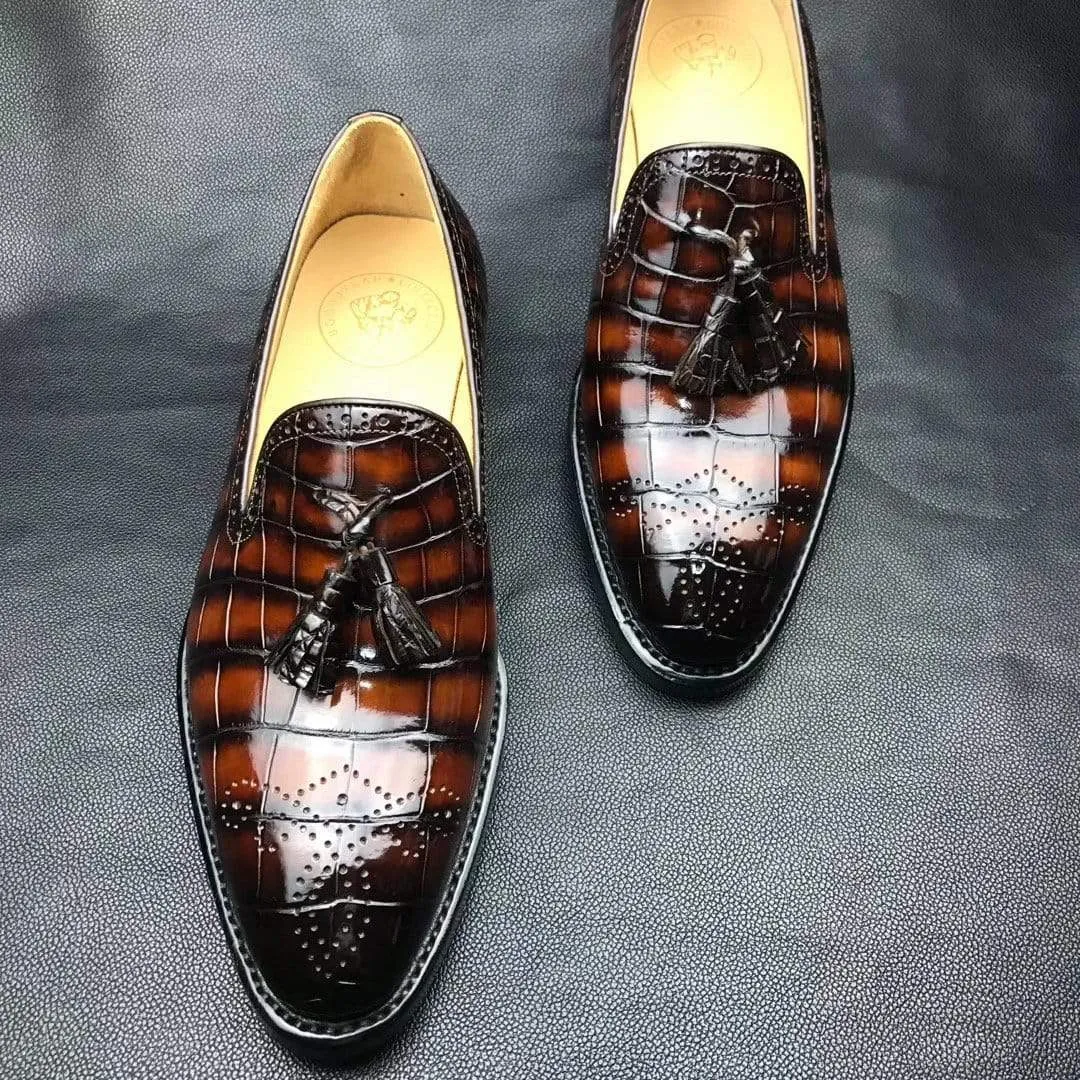 Ring Glow Crocodile Shoes Genuine Crocodile Leather Penny Casual  Tassel Loafers Brogue Shoes