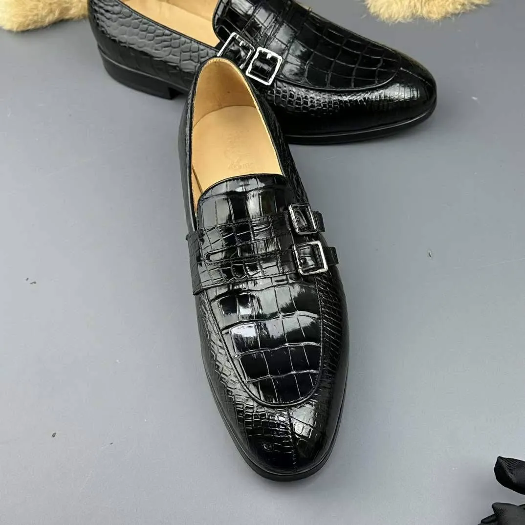 Run Path Eco Fiber Crocodile Shoes Genuine Crocodile Skin Leather Buckles Slip On Driving Loafers