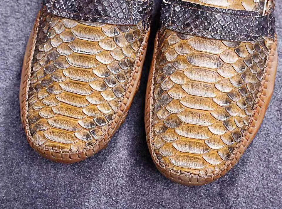 Crocodile Shoes Genuine Python Leather  Men's  Beige Slip-On Loafer Shoes Pot Lane Breathable Slip-Ons