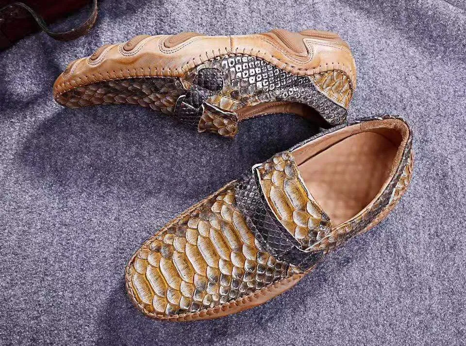 Crocodile Shoes Genuine Python Leather  Men's  Beige Slip-On Loafer Shoes City Explorer Lightly Padded