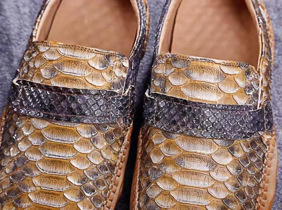 Crocodile Shoes Genuine Python Leather  Men's  Beige Slip-On Loafer Shoes Gift Glow Cliff Step