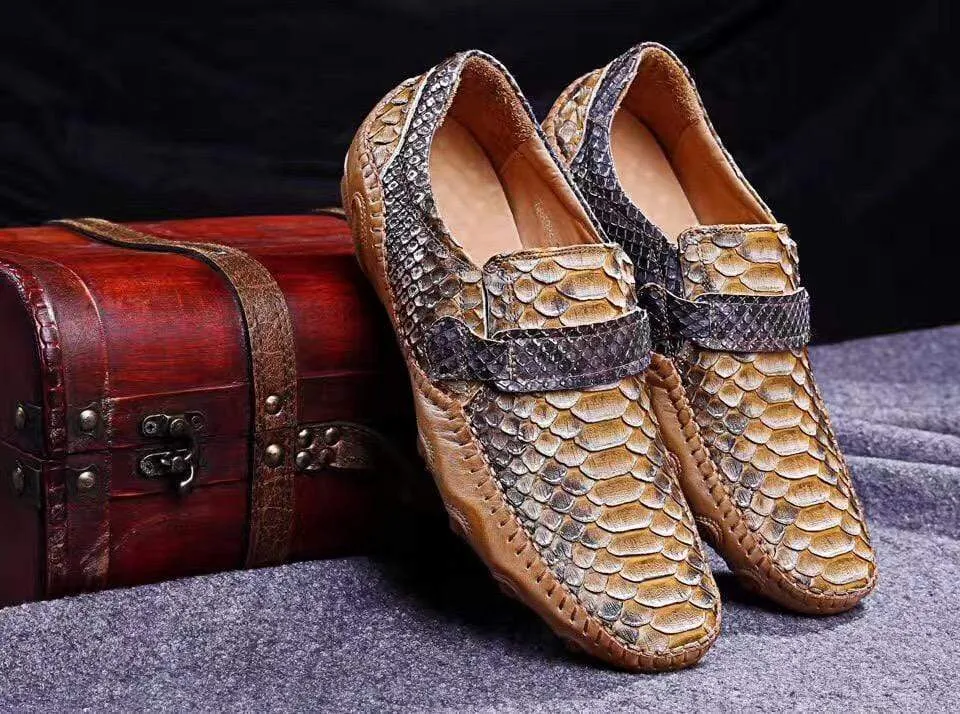Versatile Wear Shoes Crocodile Shoes Genuine Python Leather  Men's  Beige Slip-On Loafer Shoes