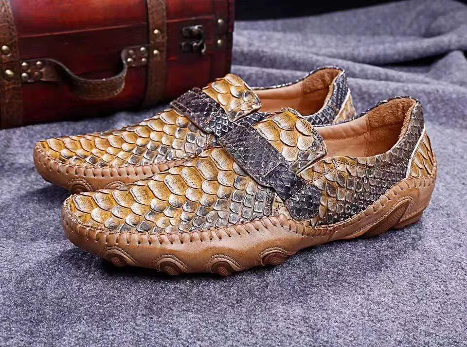 Elegant Look Crocodile Shoes Genuine Python Leather  Men's  Beige Slip-On Loafer Shoes