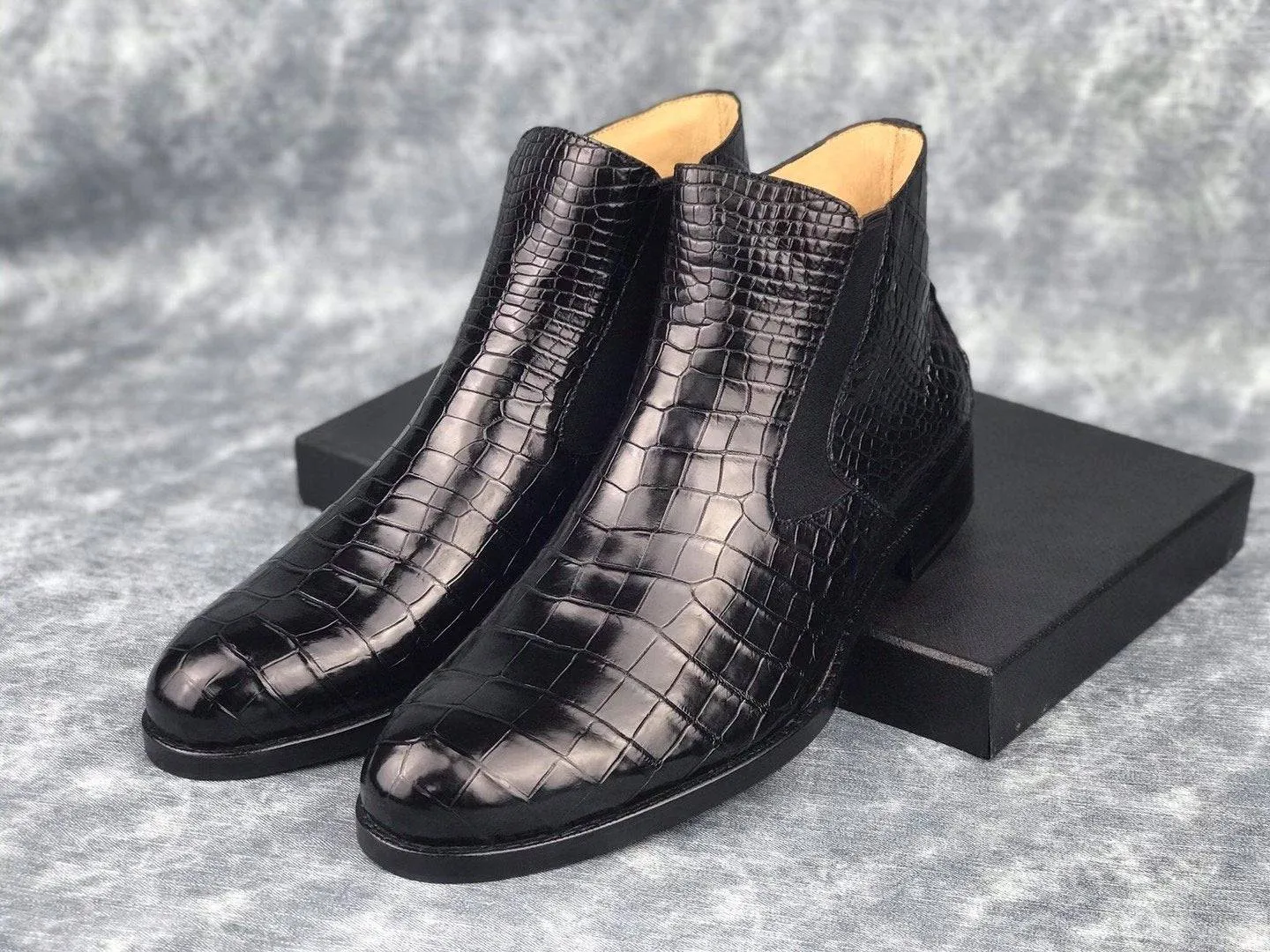 Crocodile Shoes Genuine Skin Crocodile Leather Chelsea Ankle Boots Velvet Touch Taste Fest