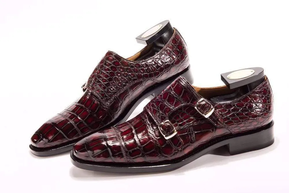 Crocodile Shoes Goodyear Fashion Double Monk Strap Mens Dress Shoes Crocodile Leather - Wine Red Tall friendly