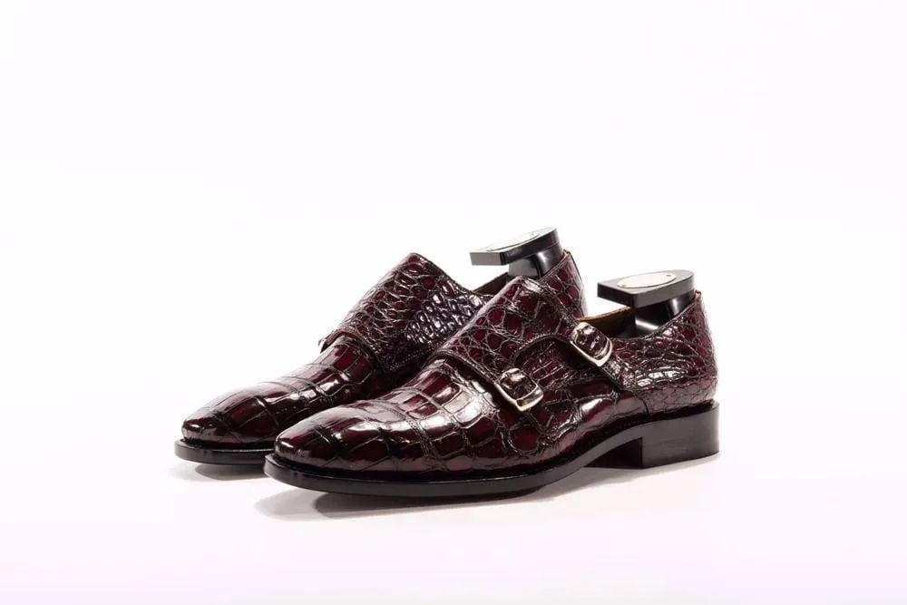 mesh ventilation Open Toe Crocodile Shoes Goodyear Fashion Double Monk Strap Mens Dress Shoes Crocodile Leather - Wine Red