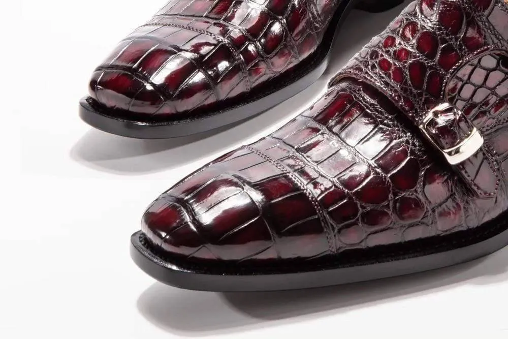 Stylish Crocodile Shoes Goodyear Fashion Double Monk Strap Mens Dress Shoes Crocodile Leather - Wine Red