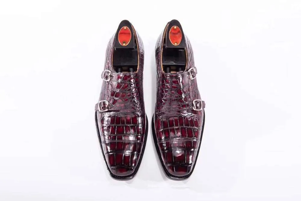 Comfort Upper Crocodile Shoes Goodyear Fashion Double Monk Strap Mens Dress Shoes Crocodile Leather - Wine Red