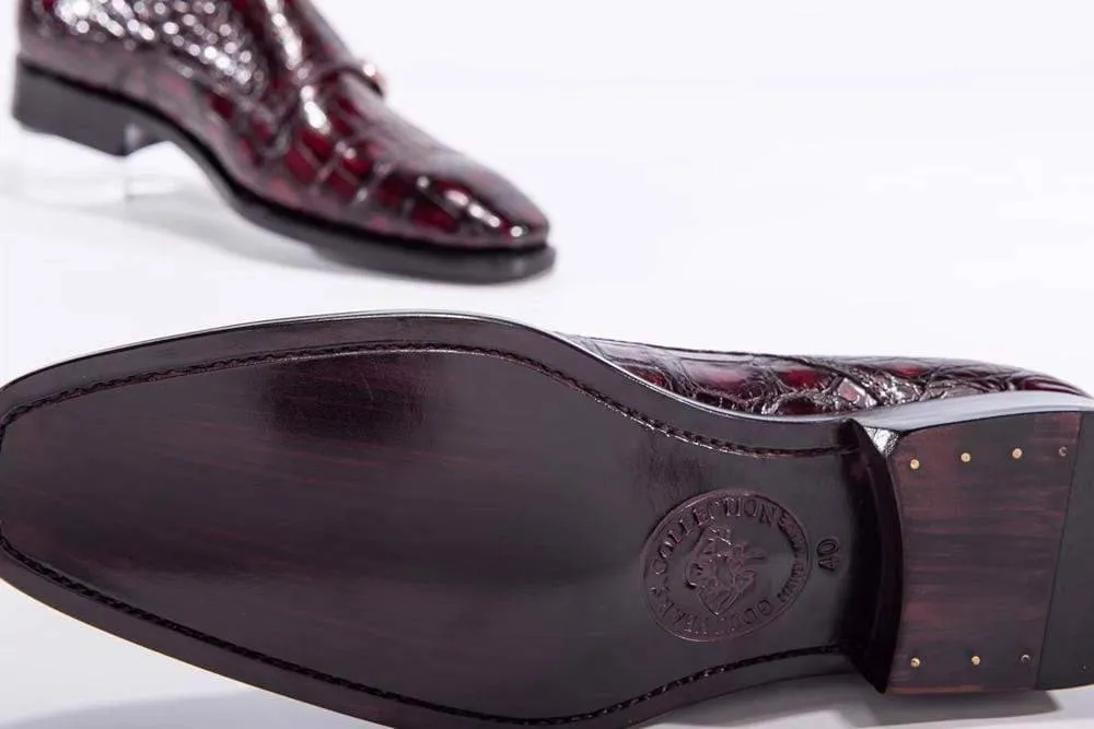 Crocodile Shoes Goodyear Fashion Double Monk Strap Mens Dress Shoes Crocodile Leather - Wine Red runway look Trendy Footwear