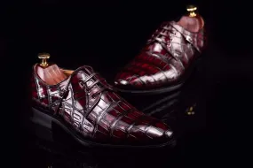 Crocodile Shoes Lace-Up Shoes In Wine Red Crocodile Skin Leather Health Glow