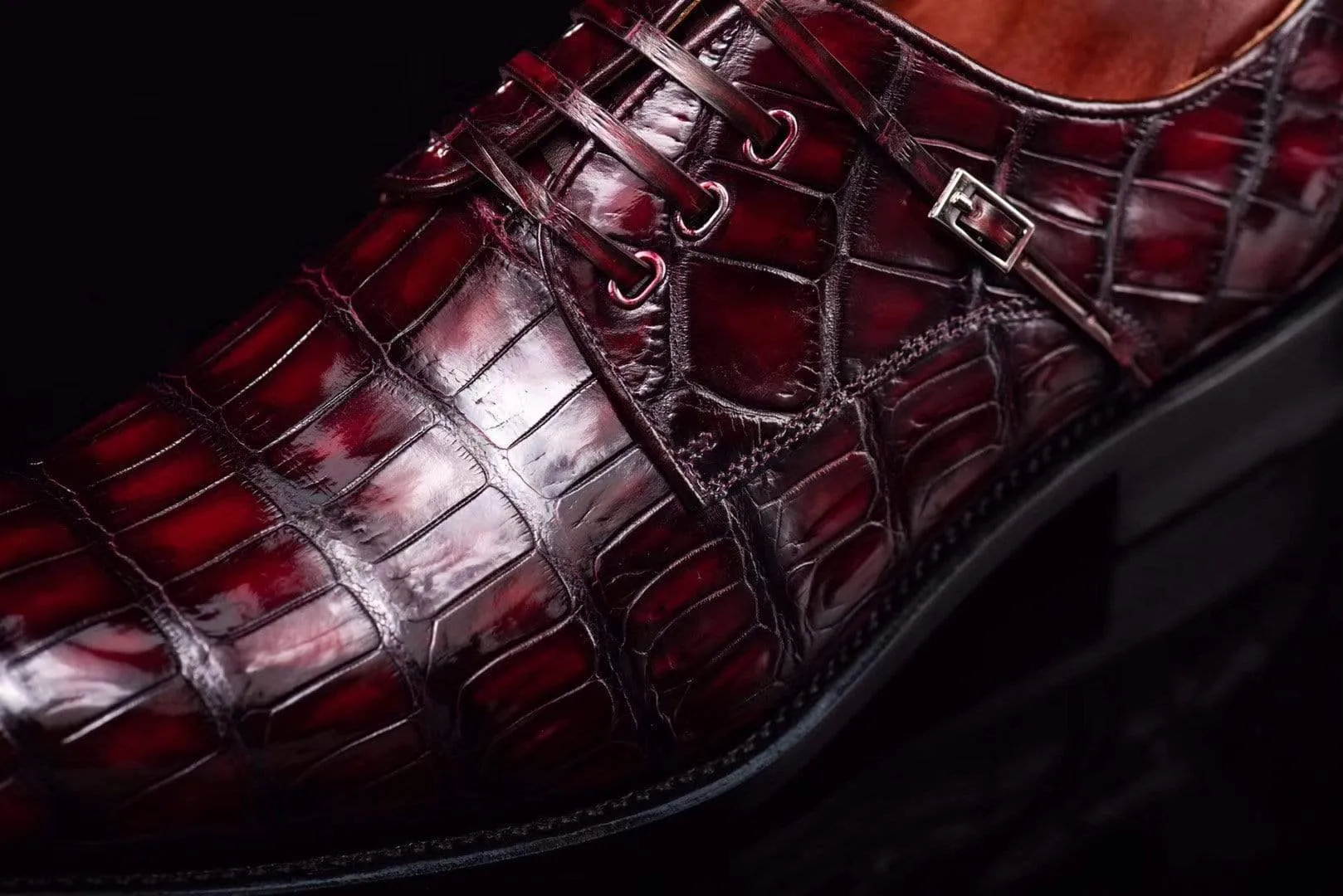 Garden Path Crocodile Shoes Lace-Up Shoes In Wine Red Crocodile Skin Leather