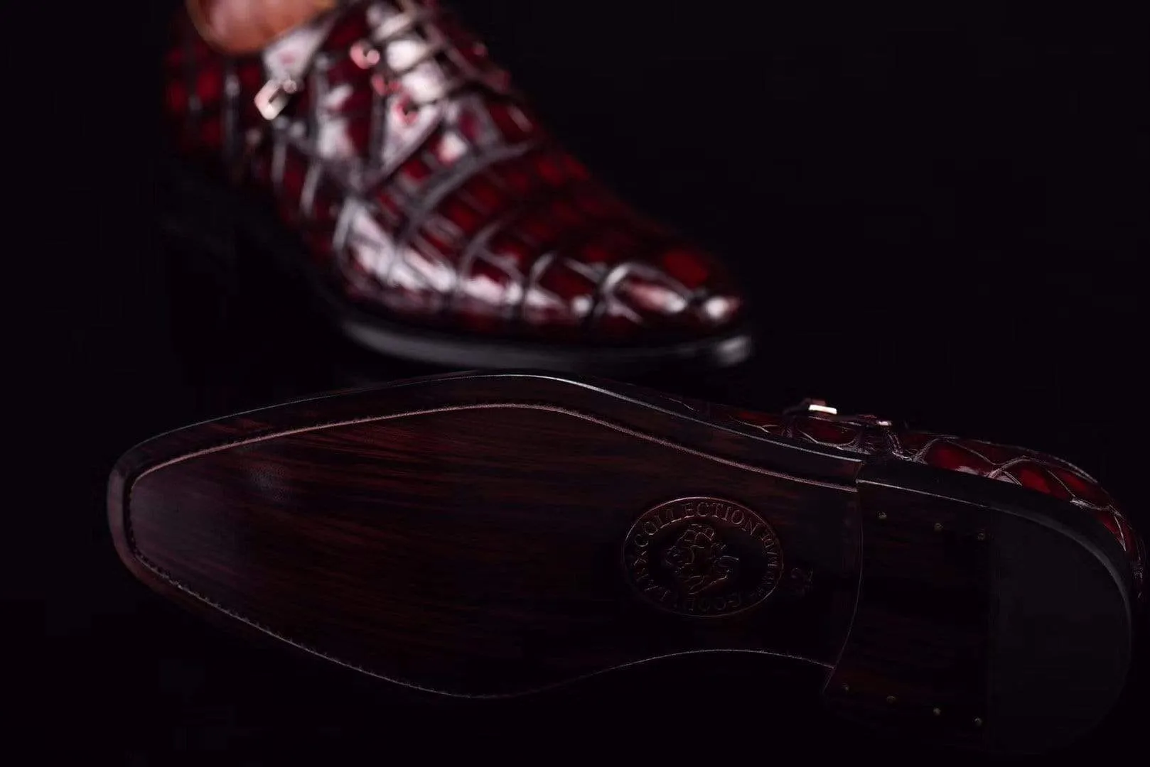 Heat Ease Crocodile Shoes Lace-Up Shoes In Wine Red Crocodile Skin Leather