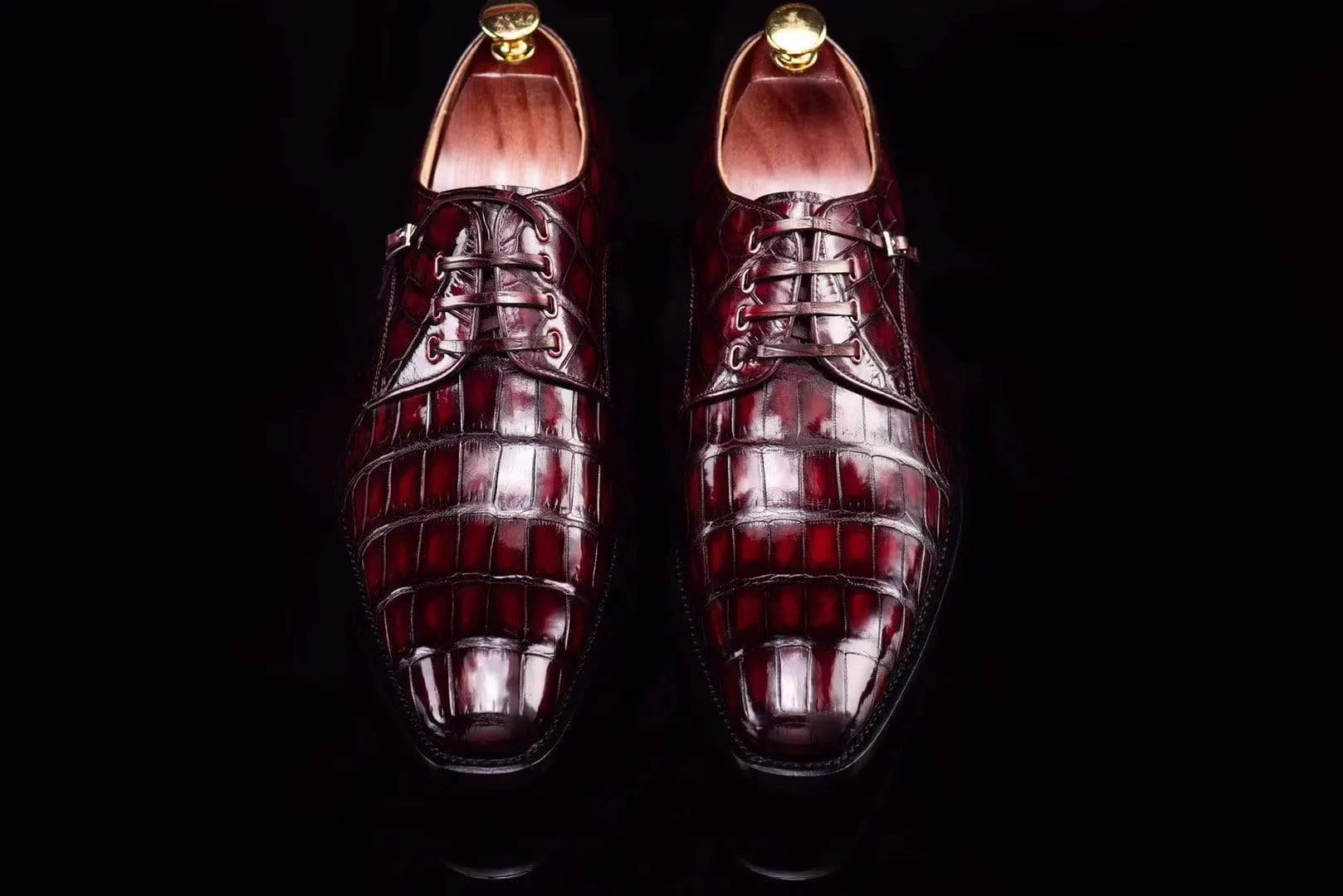 Stylish Cushion Crocodile Shoes Lace-Up Shoes In Wine Red Crocodile Skin Leather