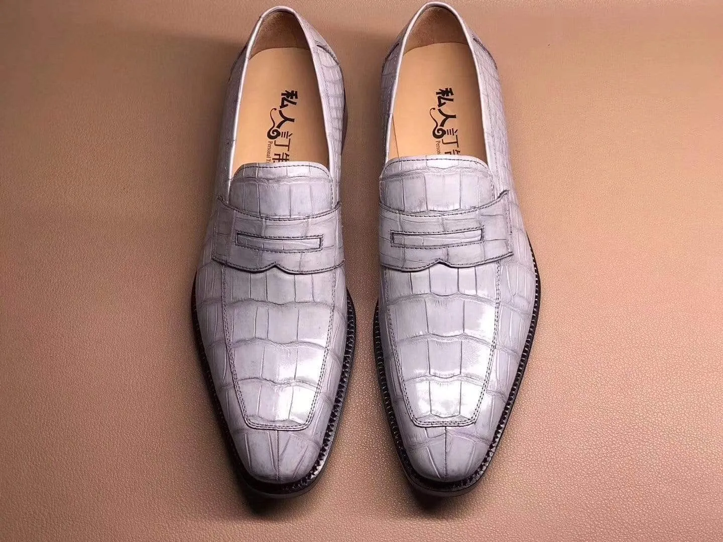 Crocodile Shoes Light Grey Men's Crocodile Leather Loafers,Slip-Ons Diving Shoes, Penny Loafers Shoes Museum Day Event Night