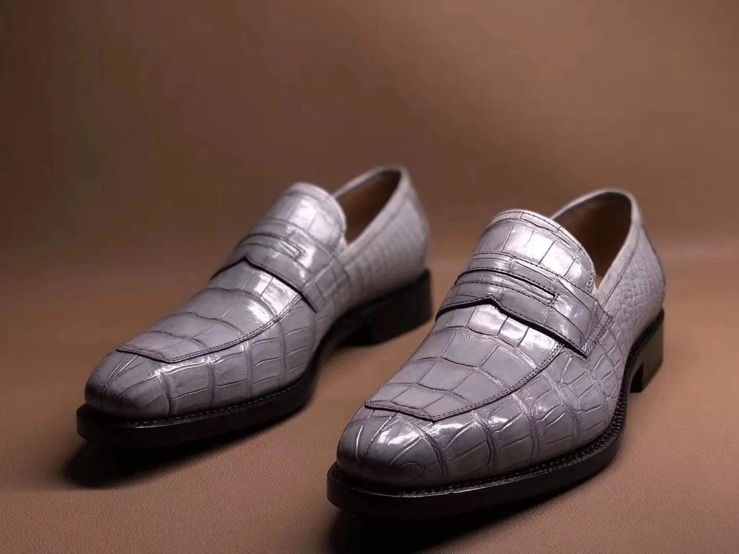 Comfortable fit Mesh Crocodile Shoes Light Grey Men's Crocodile Leather Loafers,Slip-Ons Diving Shoes, Penny Loafers Shoes