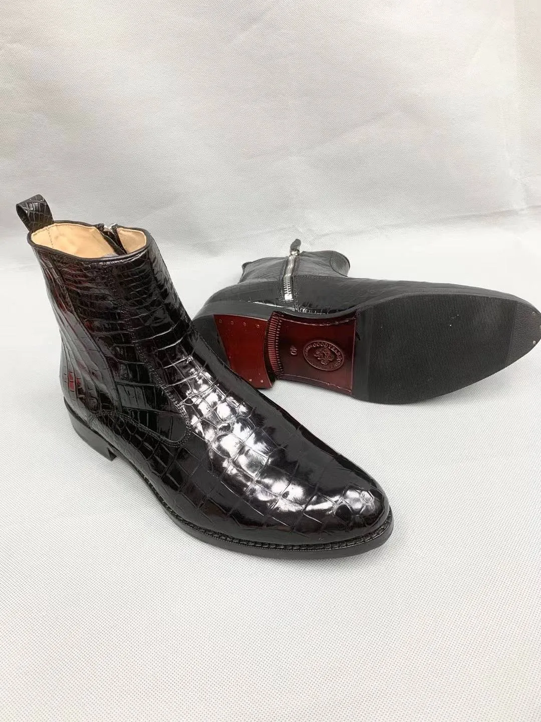 Date wear Crocodile Shoes Men Black Ankle Crocodile  Leather Boot, Men Side Zipper Boot, Men Crocodile Leather Boots